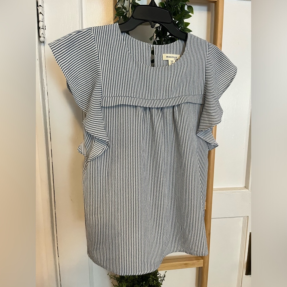 Monteau Blue and White Striped Blouse Top
